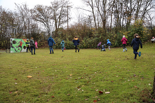 spielende Kinder auf Wiese, mit Fußballtor